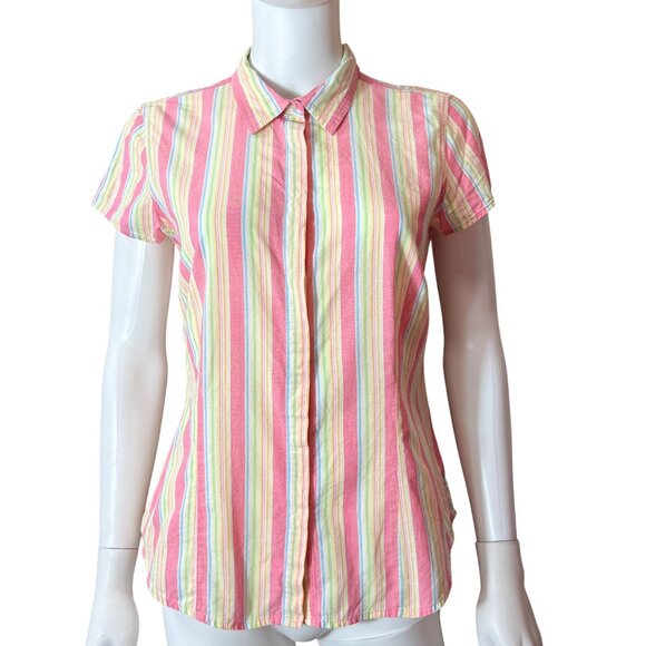 IZOD Button-Down Shirt Womens Pink Multicolor Striped Cotton Short Sleeve - Picture 1 of 6